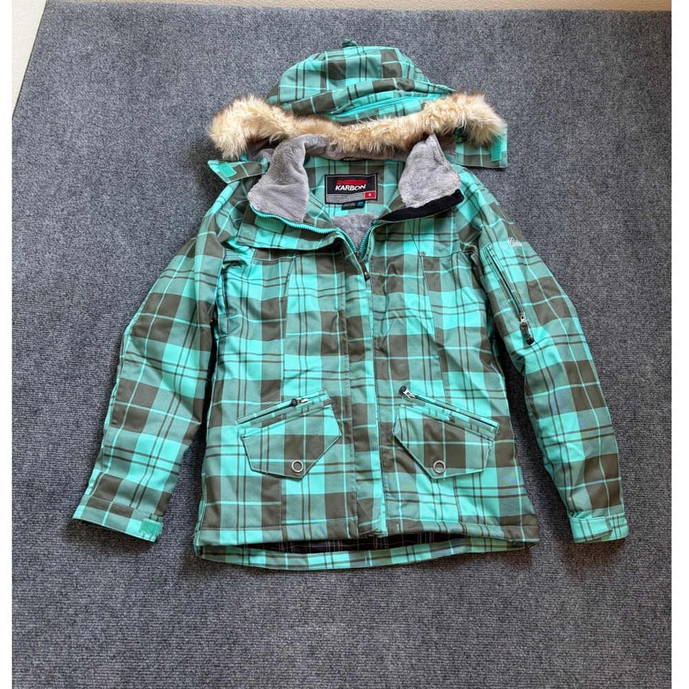 Karbon Womens Teal Brown Plaid Thermolite Ski Jacket Faux Fur Hood Small K0642